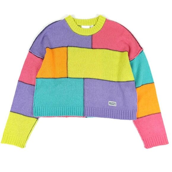 RAGGED PRIEST Dunce Colorblock Knit Sweater Oversized Lime Patchwork Womens XS - Picture 1 of 8